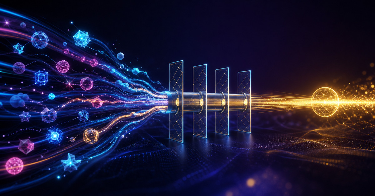 Abstract AI workflow converging from scattered tools into a clear gold path toward measurable margin