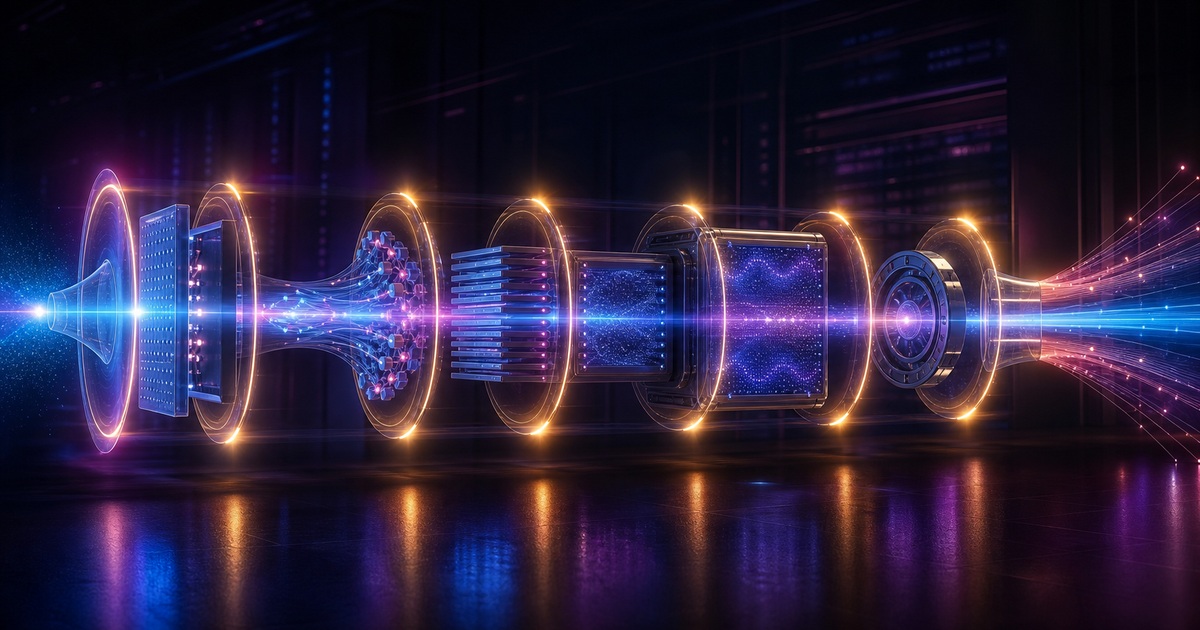 Luminous AI request pulse passing through distinct processing stages with controlled response timing