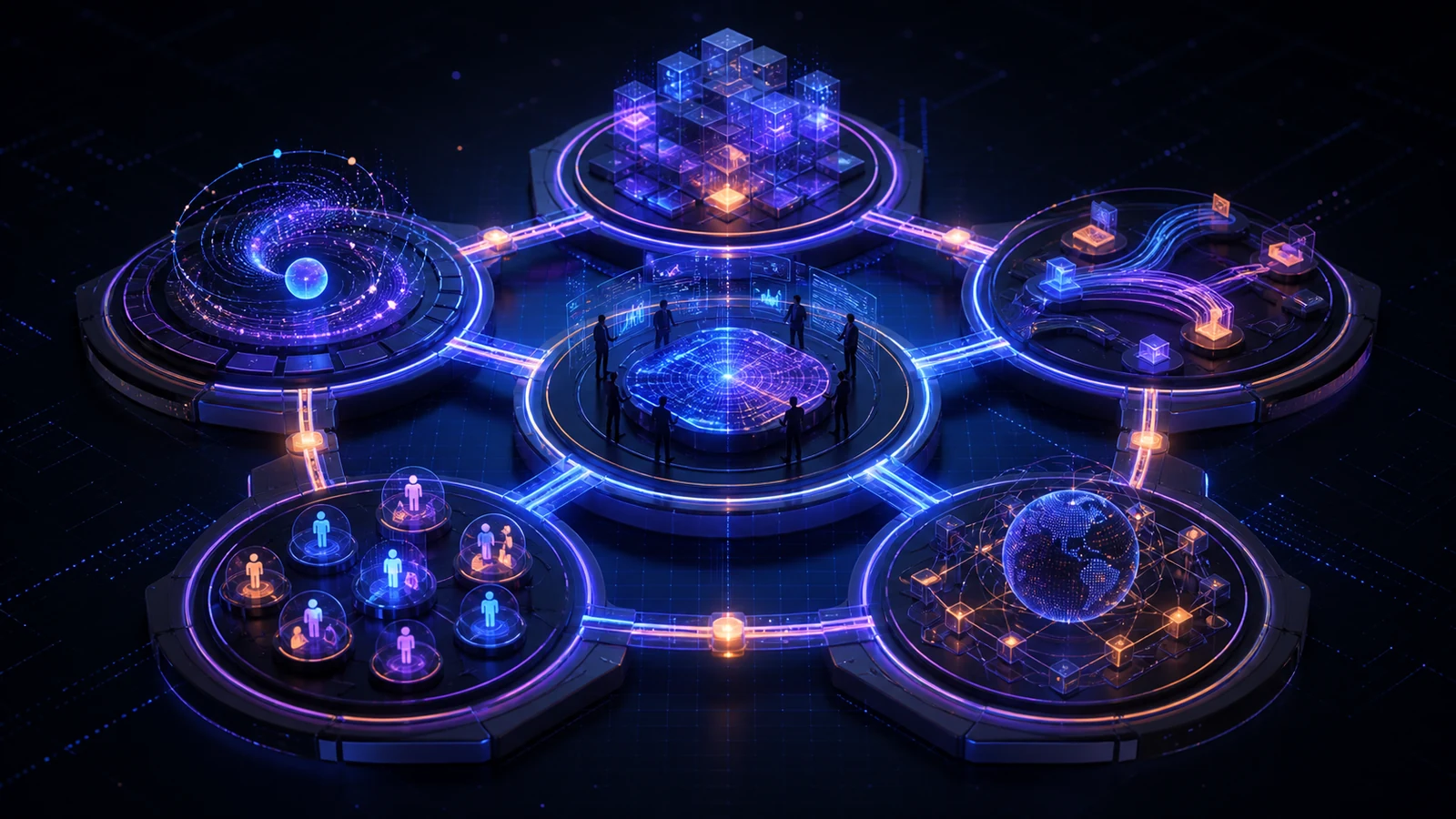 Five connected modules forming an AI-first operating system around a shared human and AI decision core
