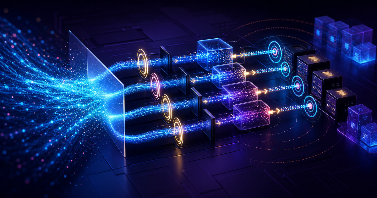 Abstract Node.js service lanes distributing a traffic surge across isolated workers and controlled queues