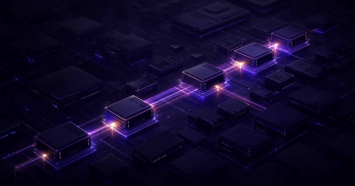 Dark dormant compute blocks with a few luminous active paths revealing hidden idle capacity