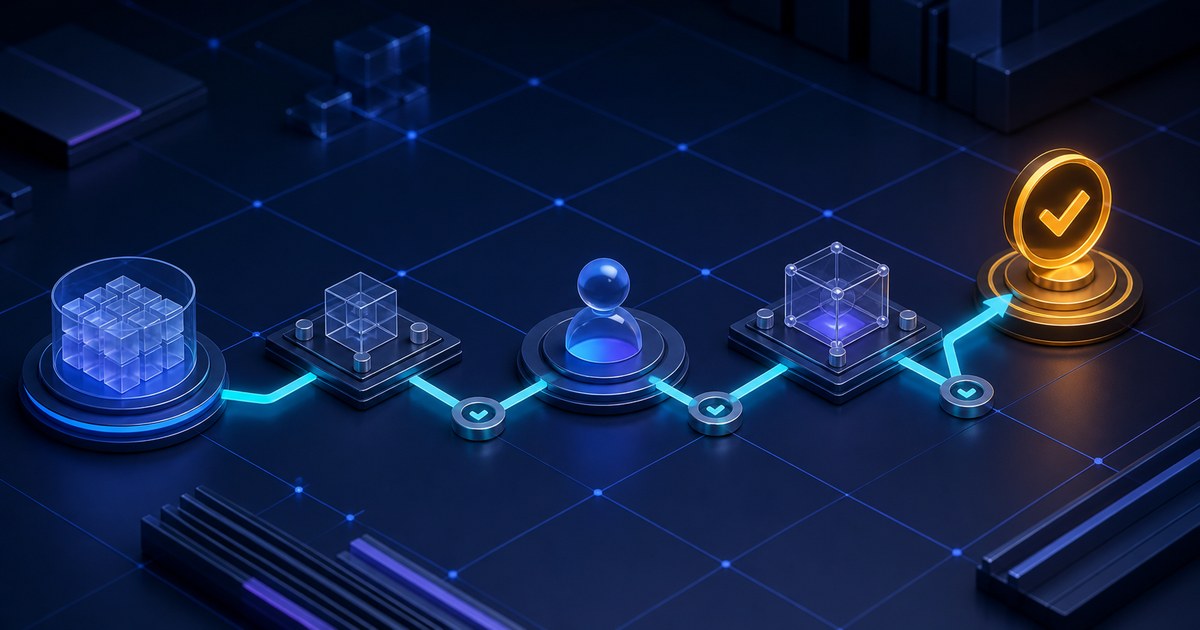 A precise measurement grid connecting one workflow, one owner, and one verified outcome in a dark editorial style